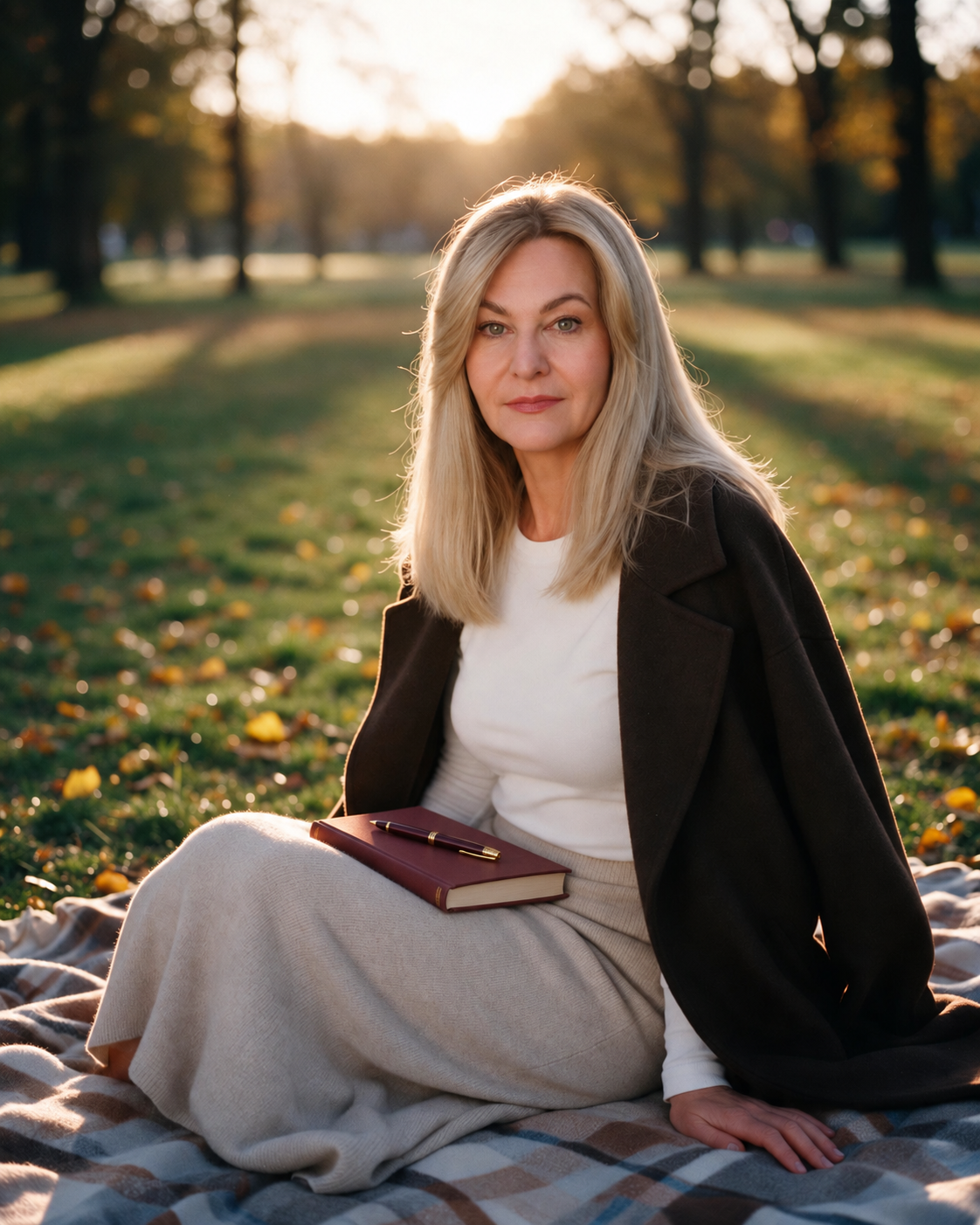 Maja Orłowska w parku, z książką i piórem